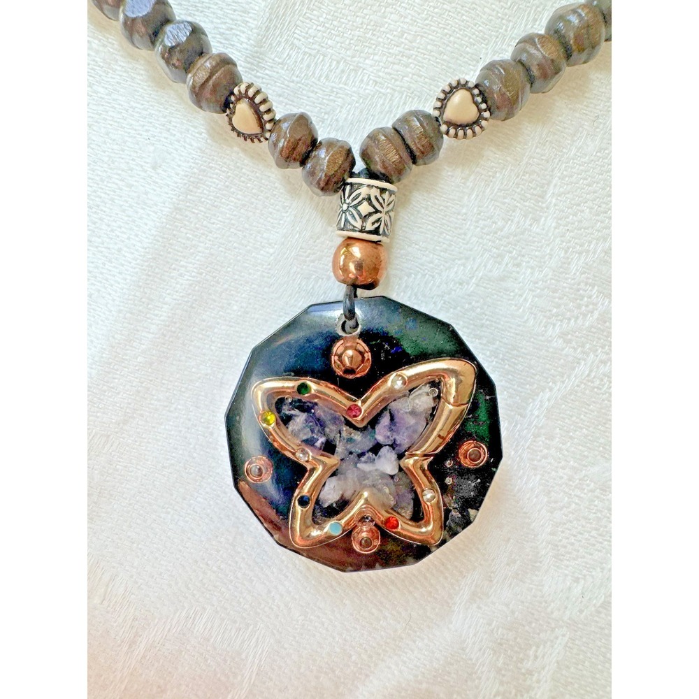 Round Orgonite Amethyst Necklace Artisan Handamade Butterfly EMF Protection